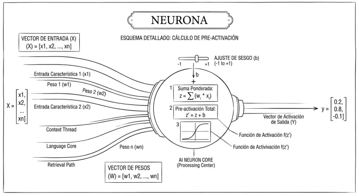 Una neurona de una capa oculta conectada al resultado de otras neuronas realizando el mecanismo de activación explicado.