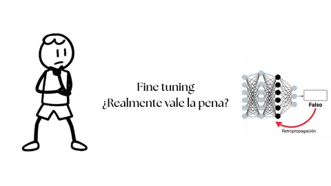 Ilustración de Pol junto al texto «Fine tuning, ¿realmente vale la pena?» y el esquema de una red neuronal con retropropagación.