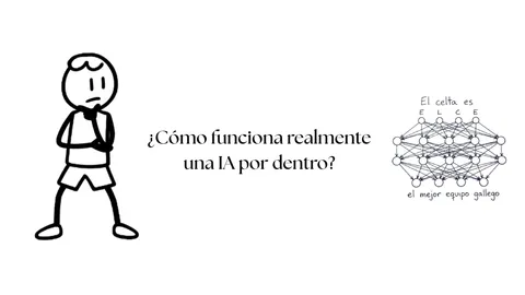 Ilustración de Pol junto al texto «¿Cómo funciona realmente una IA por dentro?» y el dibujo de una red neuronal.