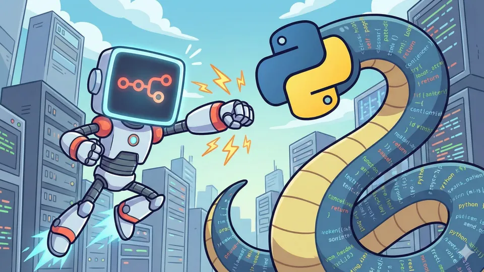 Ilustración de un robot que se enfrenta a una serpiente con el logo de Python en una ciudad futurista: plataformas de automatización contra código a medida.